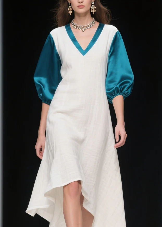Loose Colorblock Asymmetrical Patchwork Linen Silk Dress Summer - Image 2