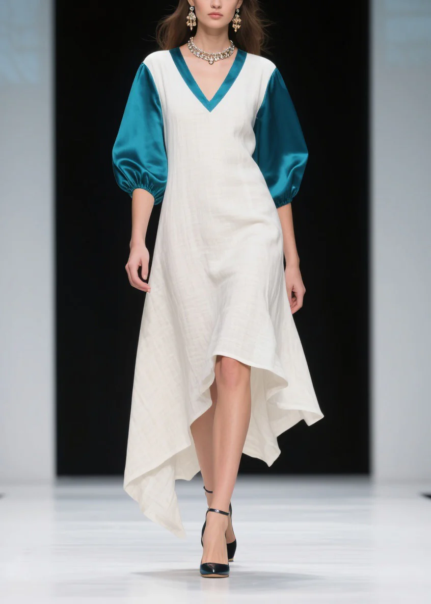 Loose Colorblock Asymmetrical Patchwork Linen Silk Dress Summer - Image 3