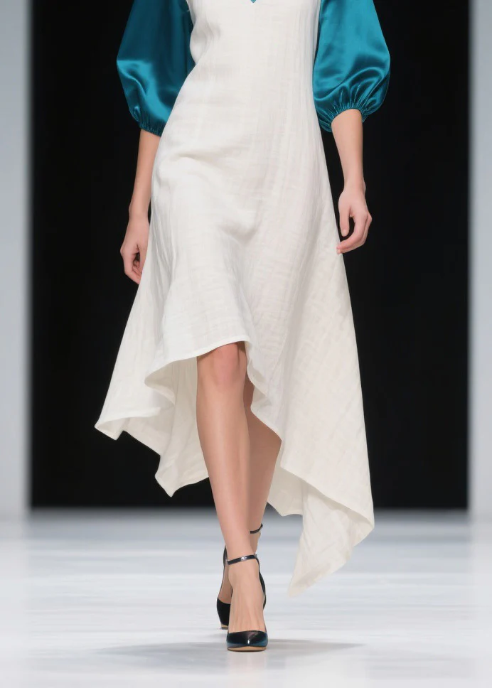 Loose Colorblock Asymmetrical Patchwork Linen Silk Dress Summer - Image 4