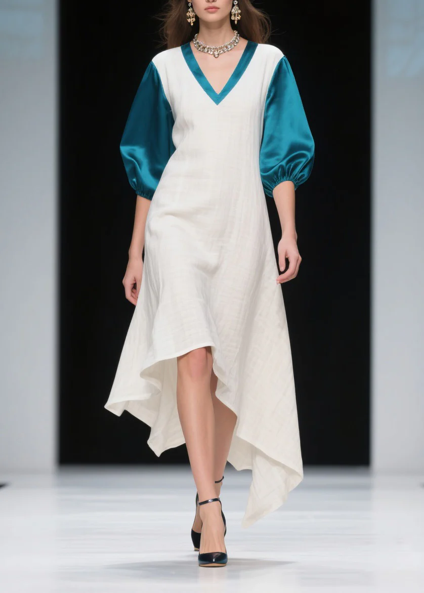 Loose Colorblock Asymmetrical Patchwork Linen Silk Dress Summer - Image 5
