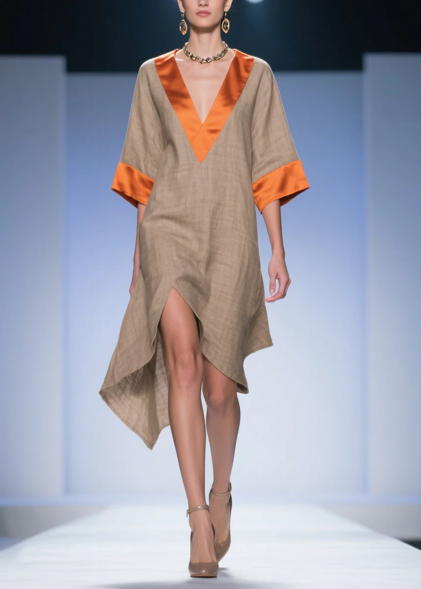 Loose Colorblock Asymmetrical Patchwork Linen Silk Dresses Summer - Image 3