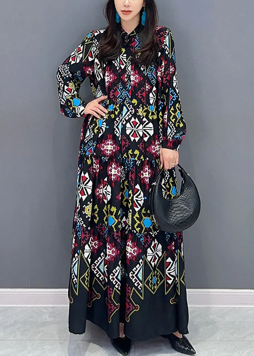 Loose Colorblock Button Print Wrinkled Cotton Blouses Dress Fall - Image 2