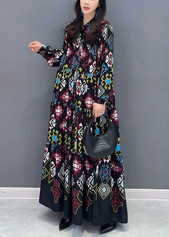 Loose Colorblock Button Print Wrinkled Cotton Blouses Dress Fall - Image 4