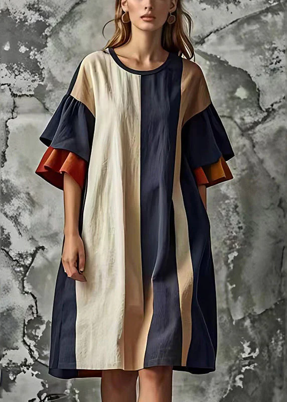 Loose Colorblock O-Neck Patchwork Cotton Dress Flare Sleeve - Image 2
