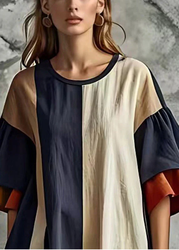 Loose Colorblock O-Neck Patchwork Cotton Dress Flare Sleeve - Image 3
