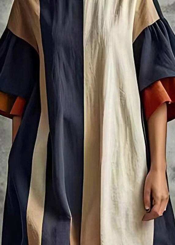 Loose Colorblock O-Neck Patchwork Cotton Dress Flare Sleeve - Image 4
