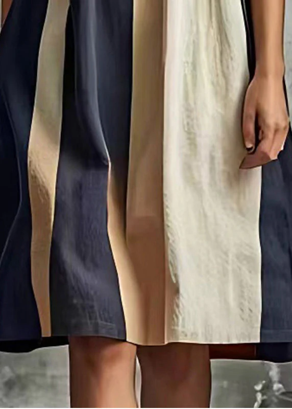 Loose Colorblock O-Neck Patchwork Cotton Dress Flare Sleeve - Image 5