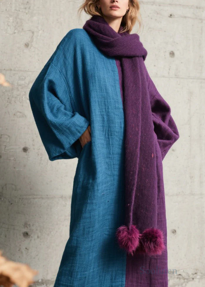 Loose Colorblock O Neck Patchwork Cotton Long Dress Fall - Image 2