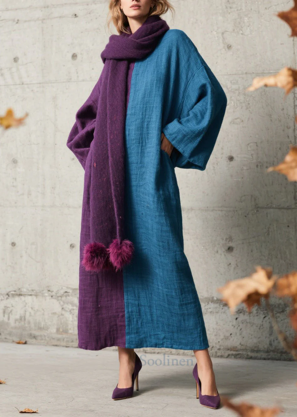 Loose Colorblock O Neck Patchwork Cotton Long Dress Fall - Image 3