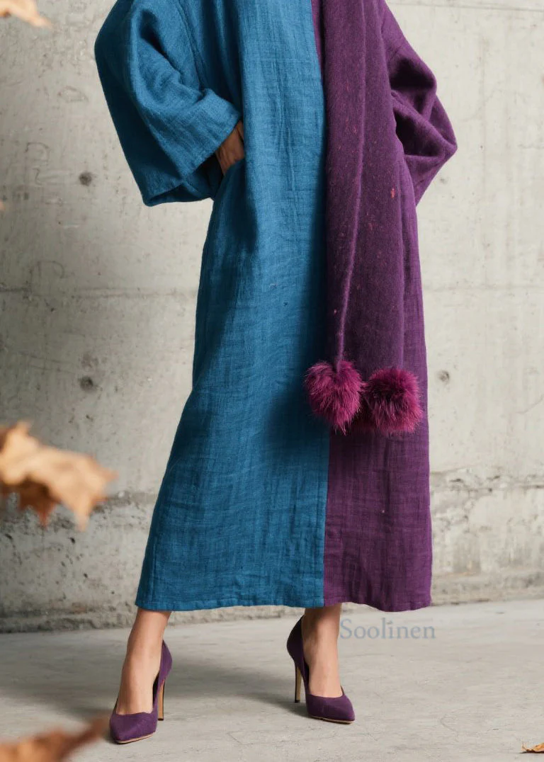 Loose Colorblock O Neck Patchwork Cotton Long Dress Fall - Image 4
