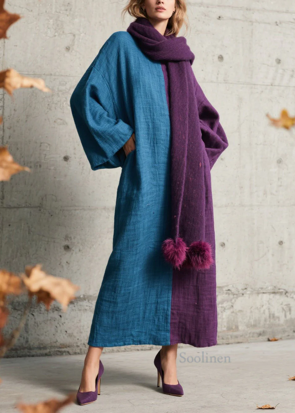 Loose Colorblock O Neck Patchwork Cotton Long Dress Fall - Image 5