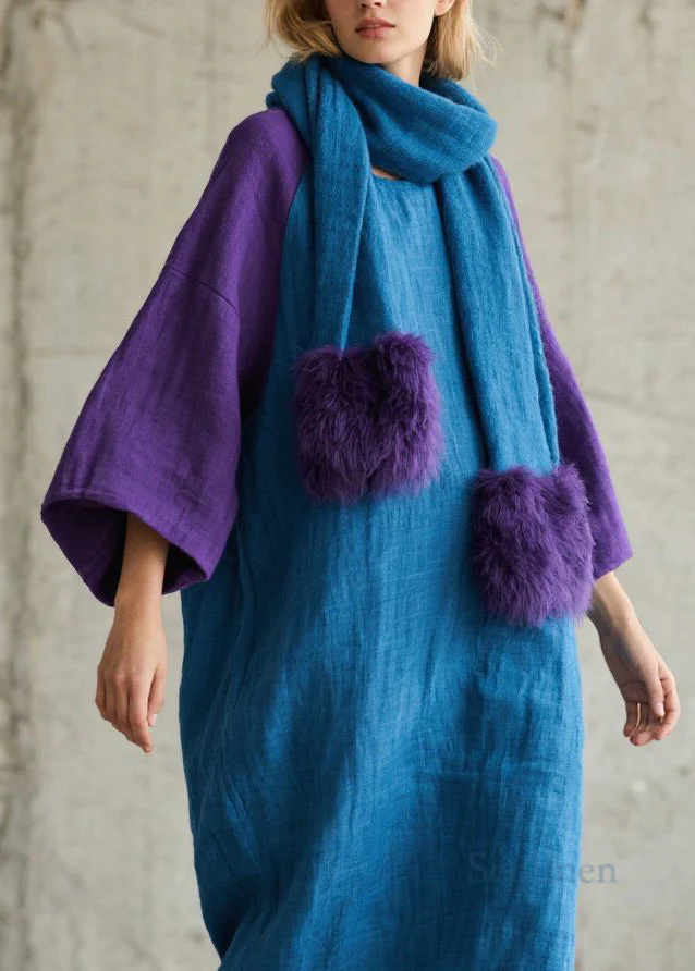 Loose Colorblock O Neck Patchwork Cotton Maxi Dress Fall - Image 2