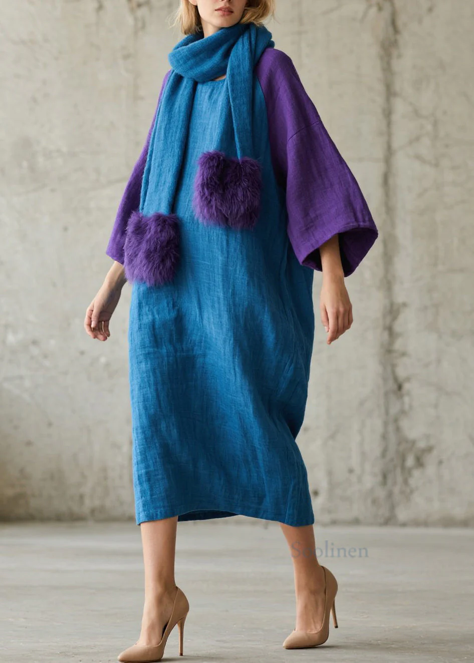 Loose Colorblock O Neck Patchwork Cotton Maxi Dress Fall - Image 3