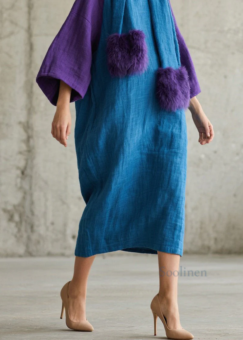 Loose Colorblock O Neck Patchwork Cotton Maxi Dress Fall - Image 4
