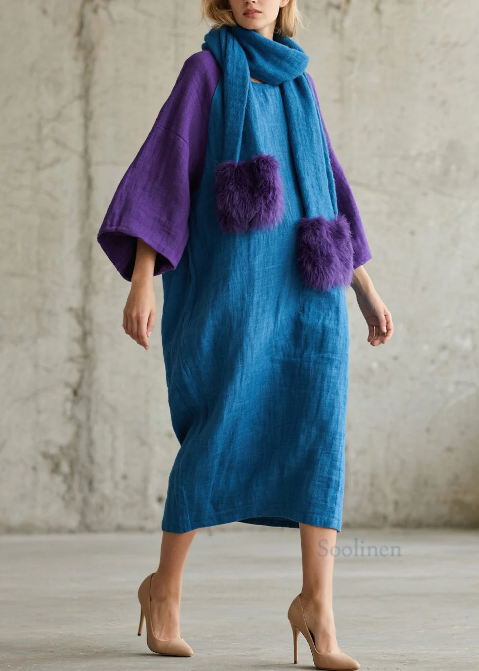 Loose Colorblock O Neck Patchwork Cotton Maxi Dress Fall - Image 5
