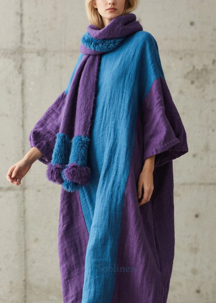 Loose Colorblock O Neck Patchwork Cotton Maxi Dresses Fall - Image 2