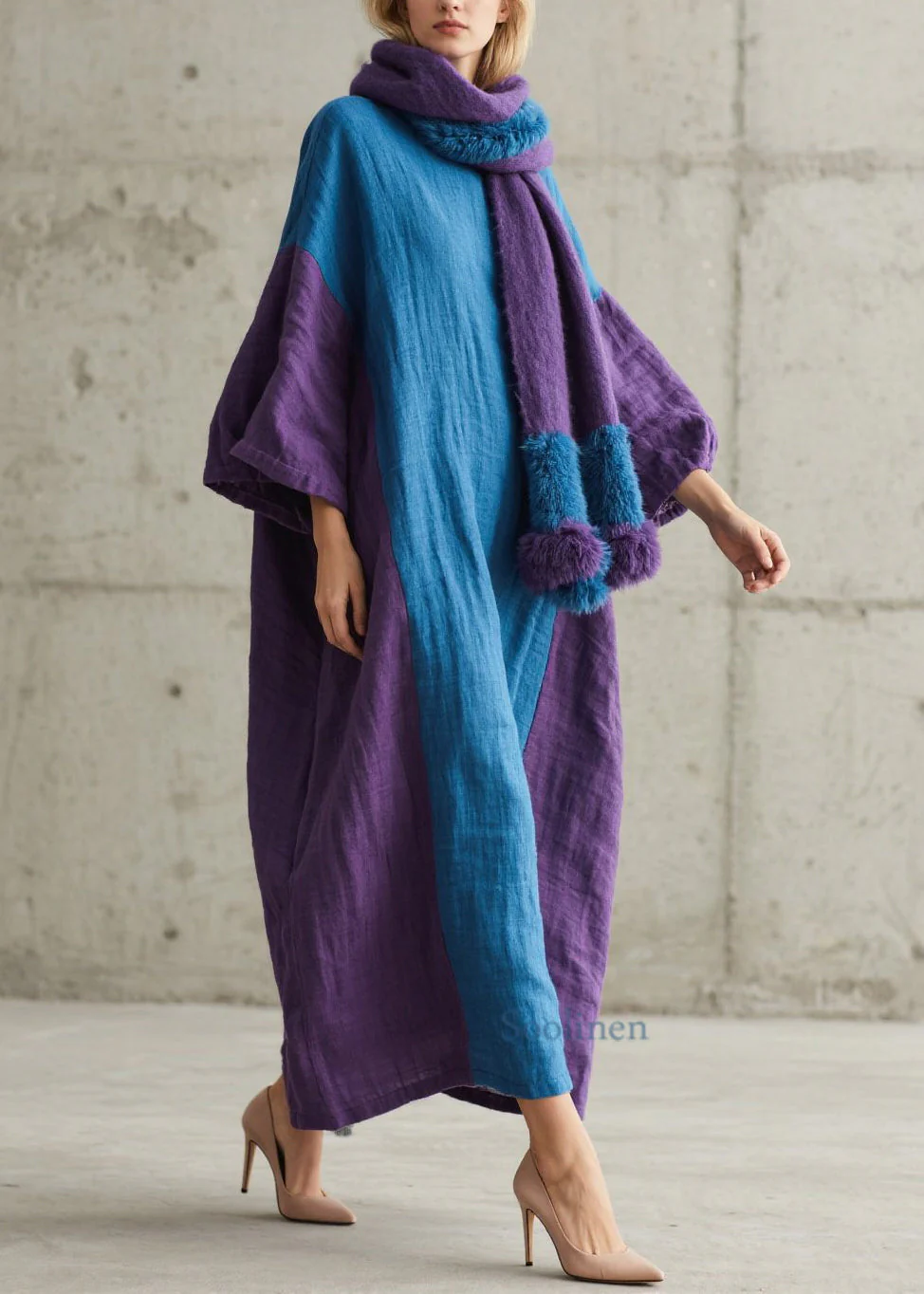Loose Colorblock O Neck Patchwork Cotton Maxi Dresses Fall - Image 3