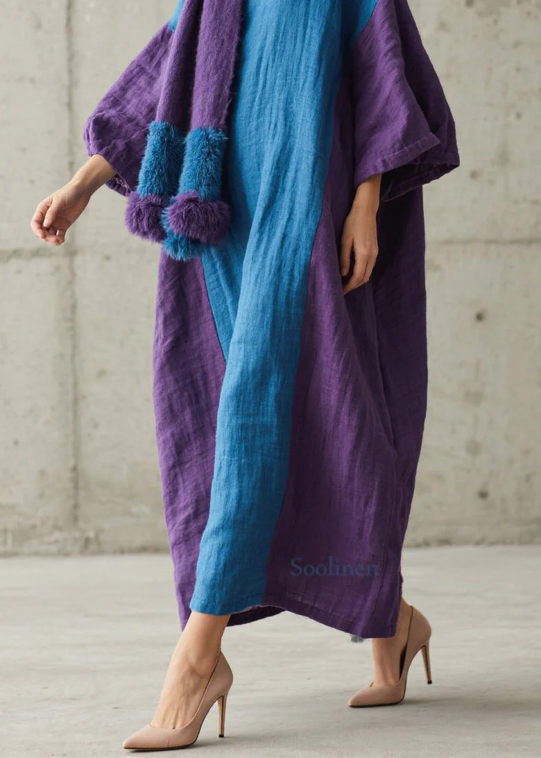 Loose Colorblock O Neck Patchwork Cotton Maxi Dresses Fall - Image 4