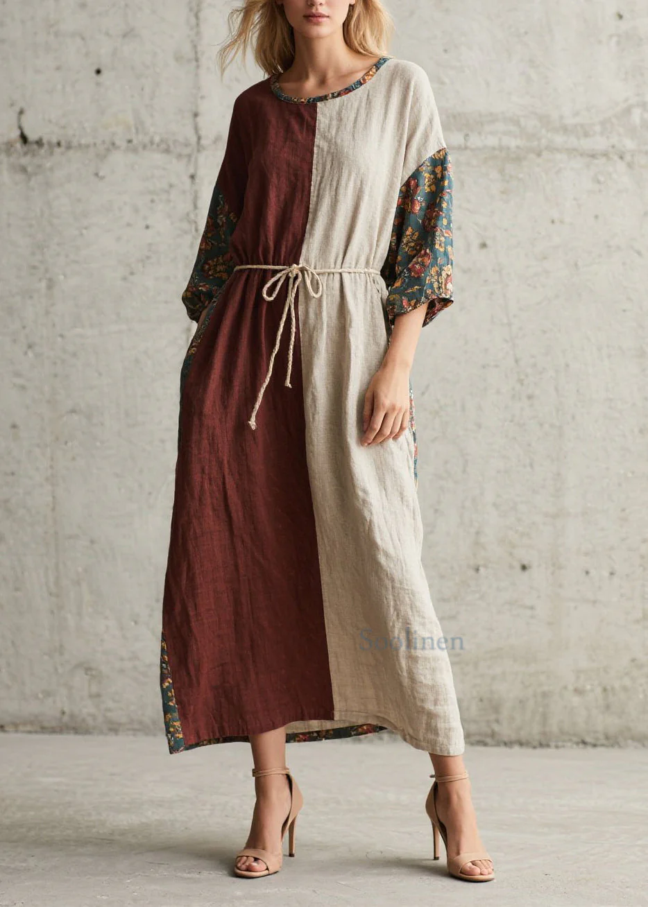 Loose Colorblock O Neck Print Lace Up Cotton Long Dress Summer - Image 3