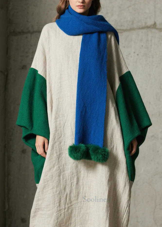 Loose Colorblock Patchwork Cotton Ankle Dress Batwing Sleeve - Image 2