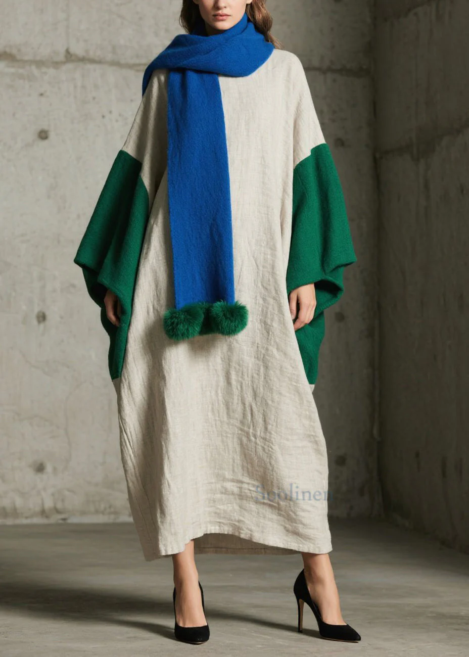 Loose Colorblock Patchwork Cotton Ankle Dress Batwing Sleeve - Image 3