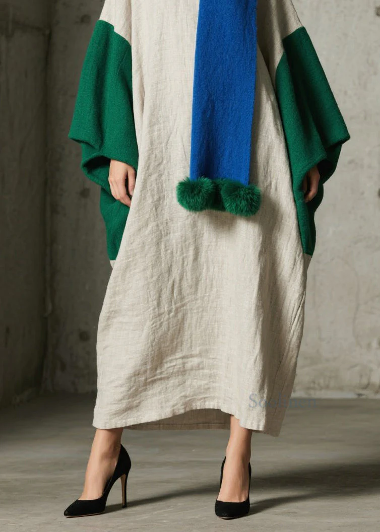 Loose Colorblock Patchwork Cotton Ankle Dress Batwing Sleeve - Image 4