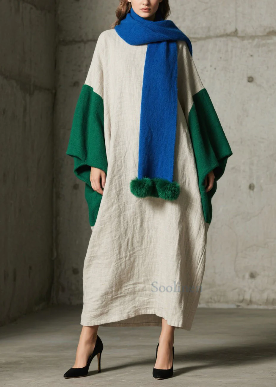Loose Colorblock Patchwork Cotton Ankle Dress Batwing Sleeve - Image 5