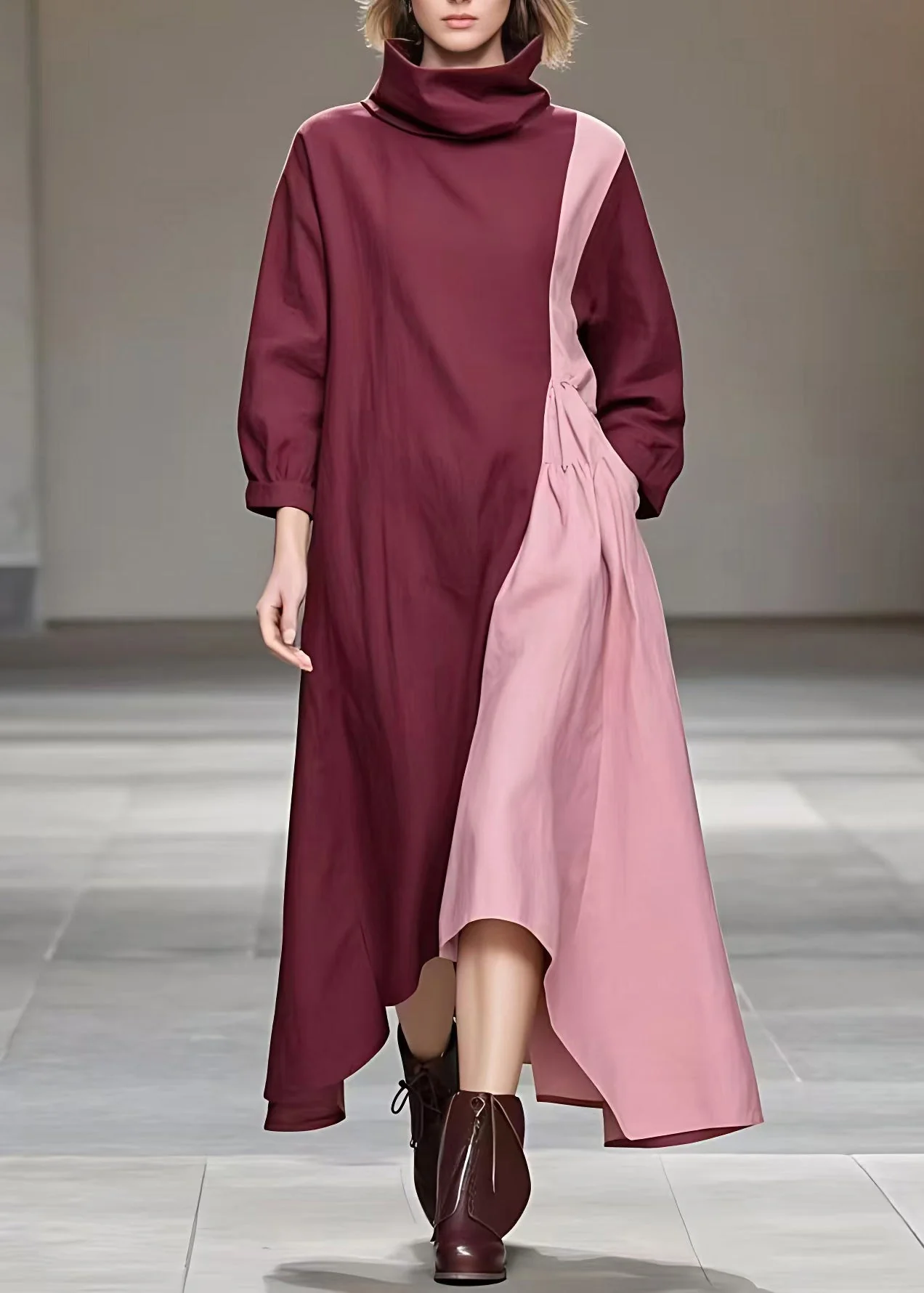 Loose Colorblock Patchwork Wrinkled Long Dresses Long Sleeve