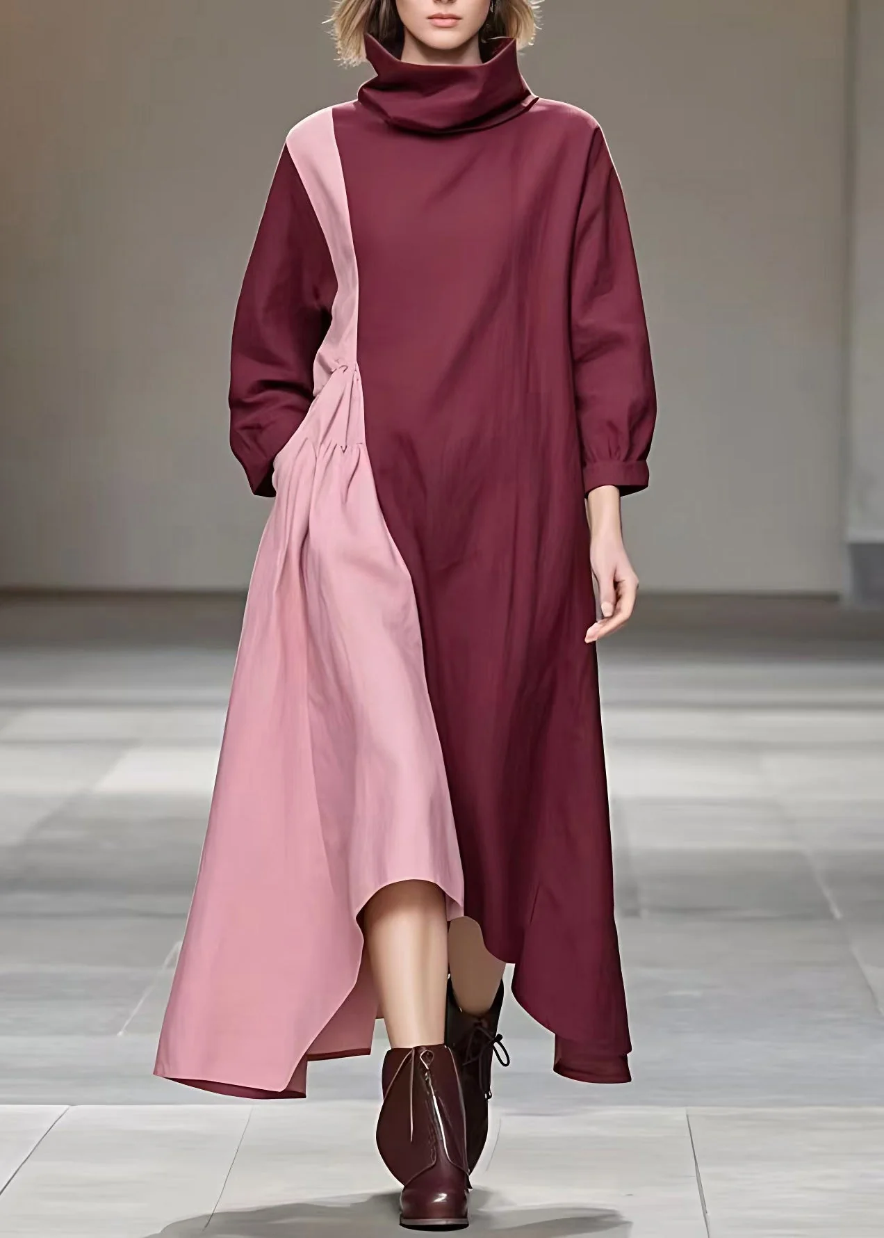 Loose Colorblock Patchwork Wrinkled Long Dresses Long Sleeve - Image 2