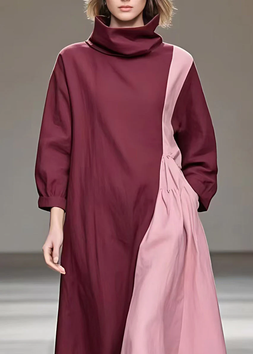 Loose Colorblock Patchwork Wrinkled Long Dresses Long Sleeve - Image 3