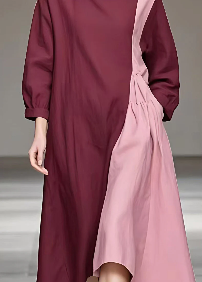 Loose Colorblock Patchwork Wrinkled Long Dresses Long Sleeve - Image 4