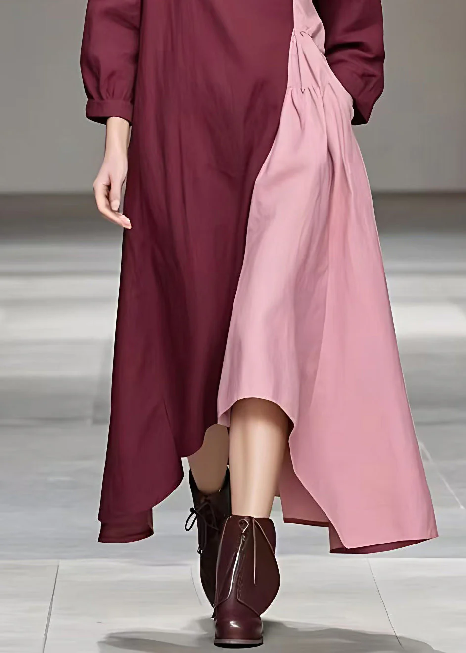 Loose Colorblock Patchwork Wrinkled Long Dresses Long Sleeve - Image 5