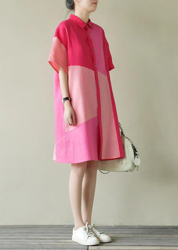 Loose Colorblock Peter Pan Collar Cotton Shirts Dress Summer - Image 2
