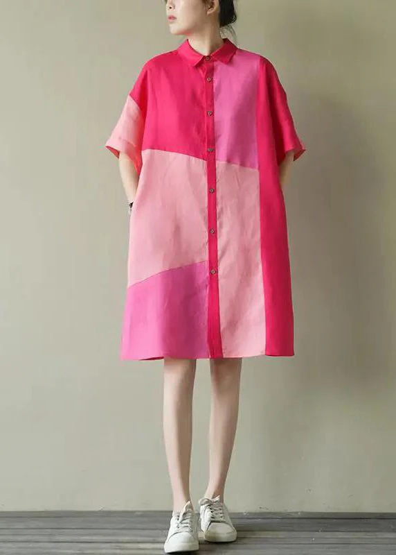 Loose Colorblock Peter Pan Collar Cotton Shirts Dress Summer - Image 3