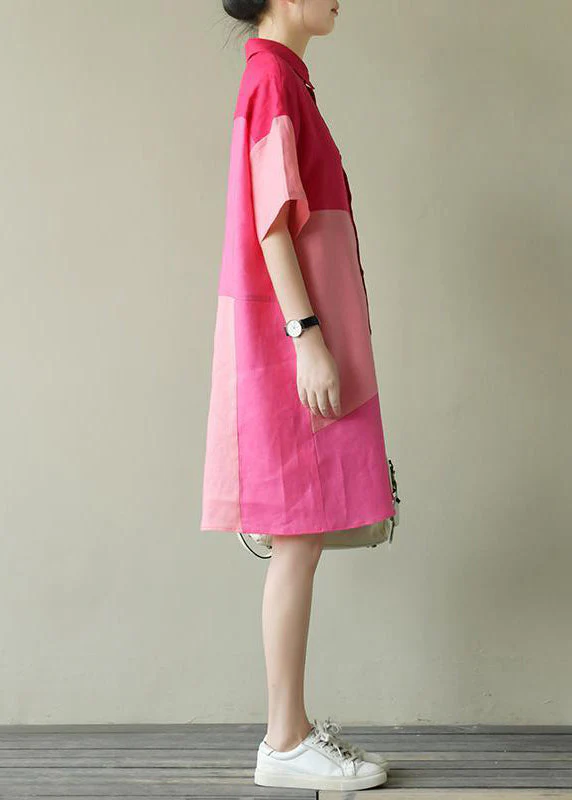 Loose Colorblock Peter Pan Collar Cotton Shirts Dress Summer - Image 4
