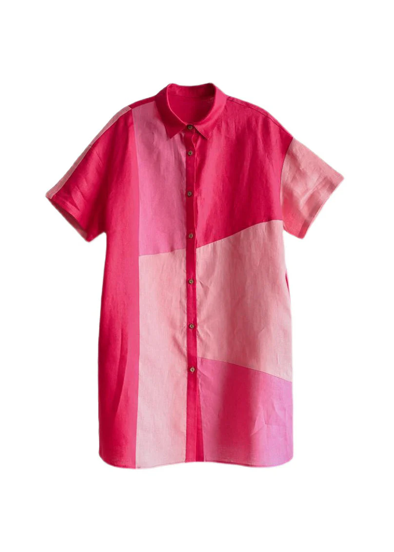 Loose Colorblock Peter Pan Collar Cotton Shirts Dress Summer - Image 5