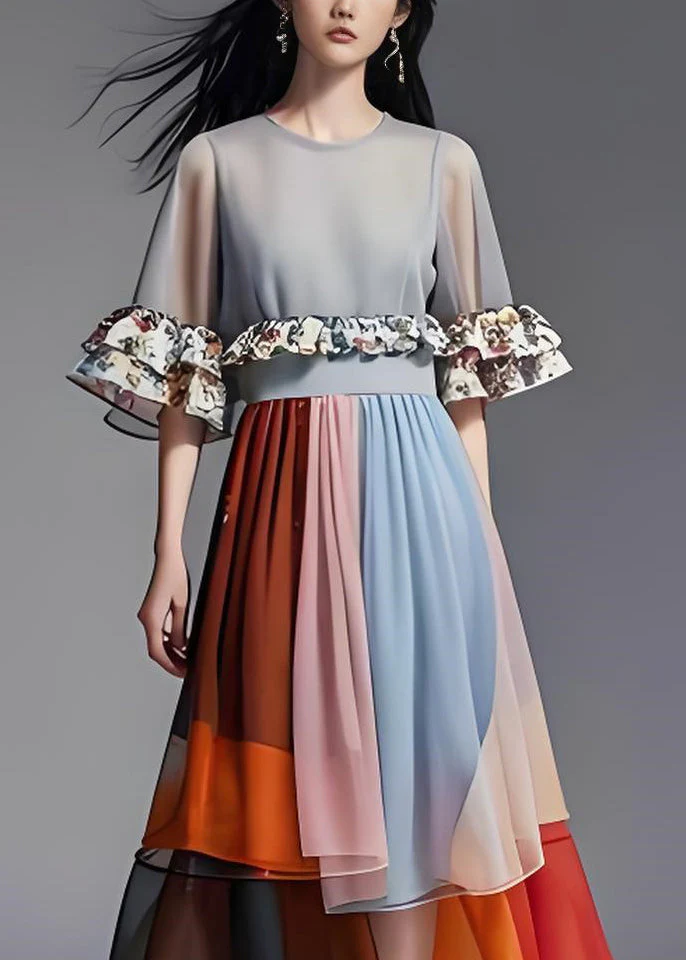 Loose Colorblock Ruffled Organza Patchwork Chiffon Long Dresses Summer - Image 3
