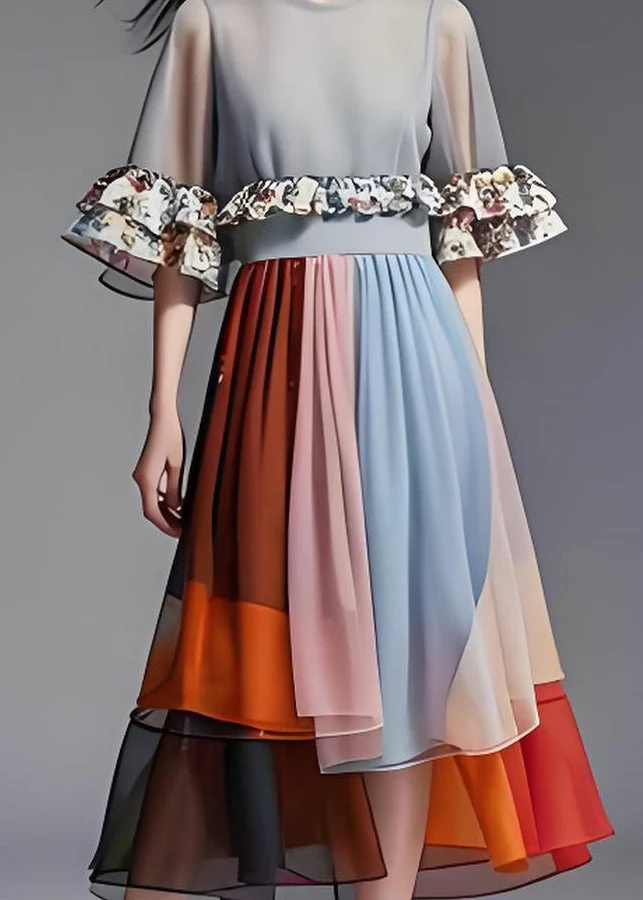 Loose Colorblock Ruffled Organza Patchwork Chiffon Long Dresses Summer - Image 4