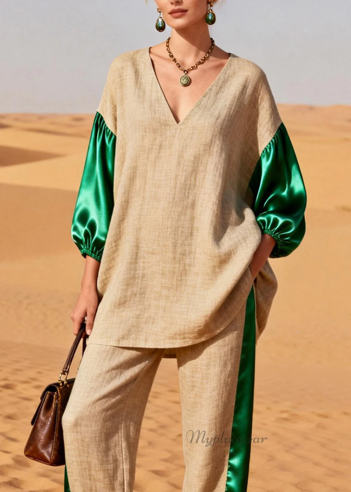 Loose Colorblock Silk Patchwork Linen Two Pieces Set Spring - Image 2