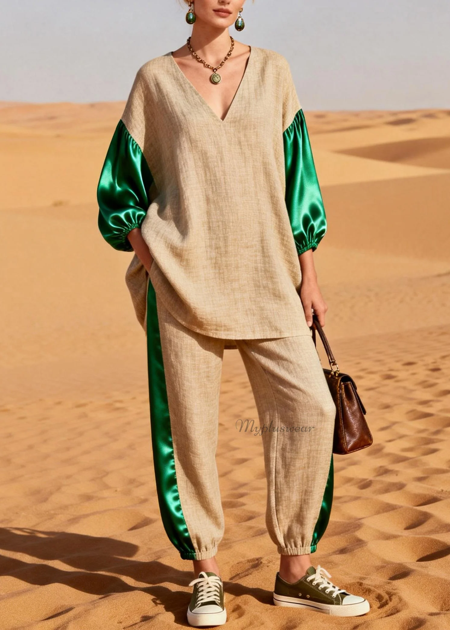Loose Colorblock Silk Patchwork Linen Two Pieces Set Spring - Image 3