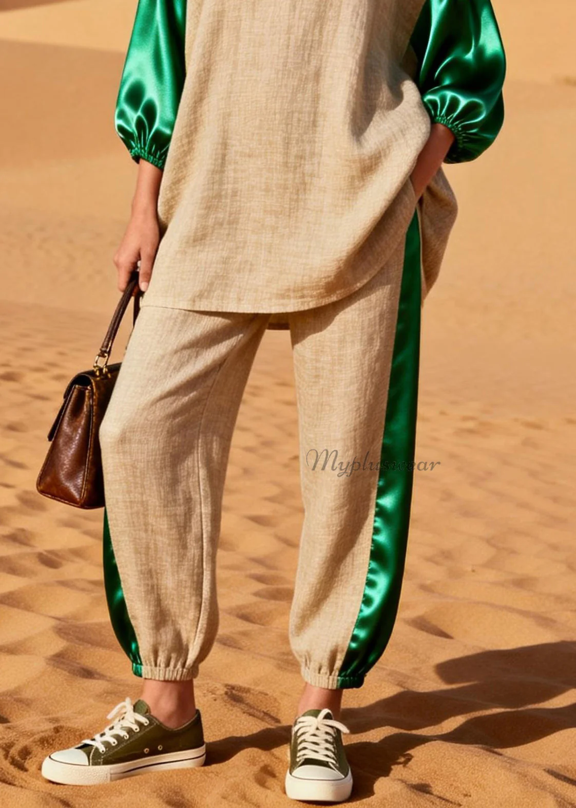 Loose Colorblock Silk Patchwork Linen Two Pieces Set Spring - Image 4