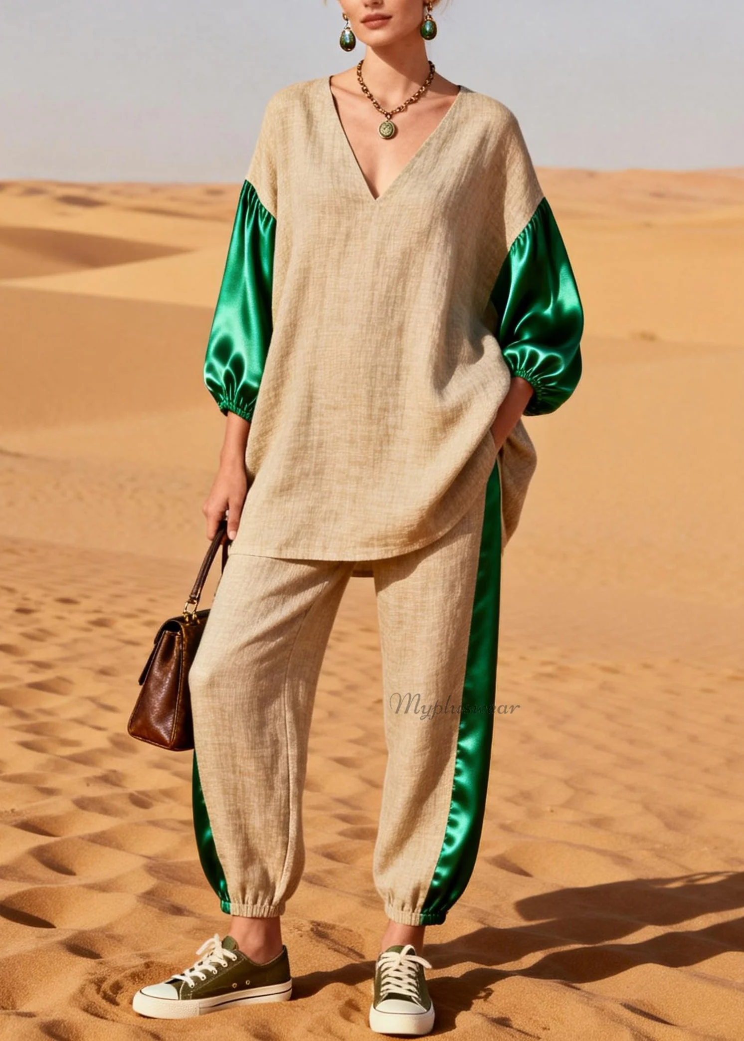 Loose Colorblock Silk Patchwork Linen Two Pieces Set Spring - Image 5