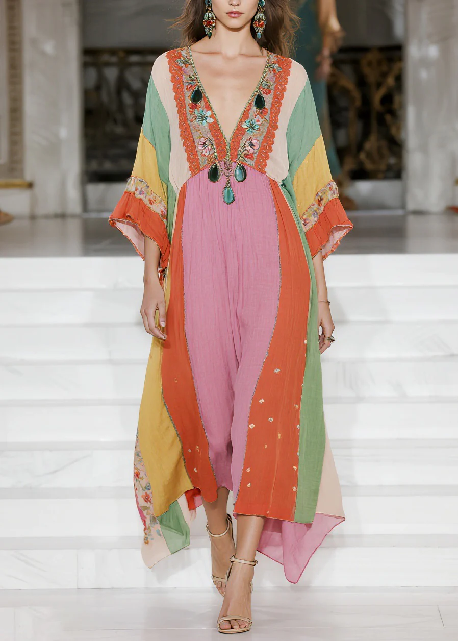 Loose Colorblock V Neck Floral Cotton Dress Summer - Image 3