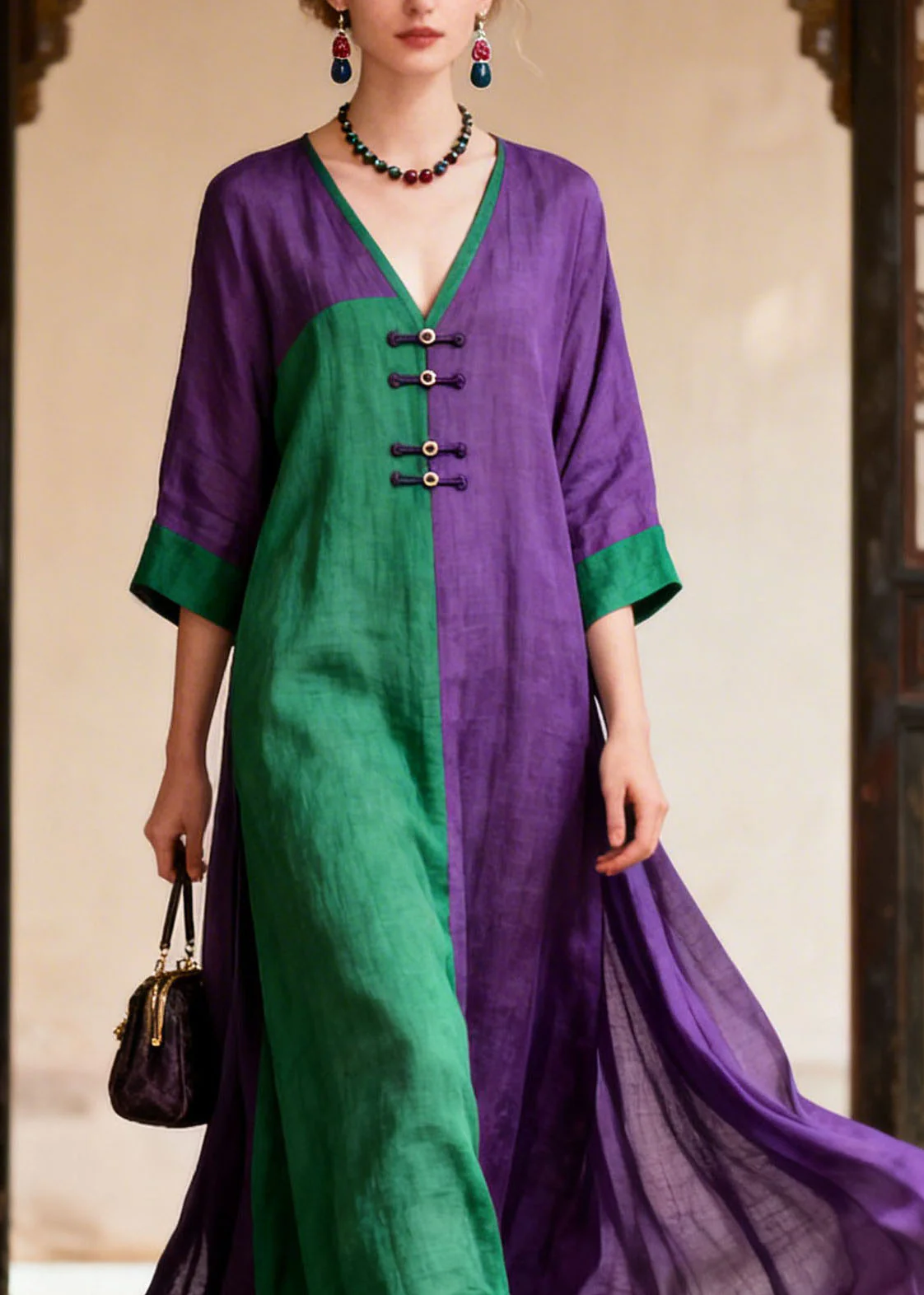 Loose Colorblock V Neck Patchwork Cotton Dresses Summer - Image 2