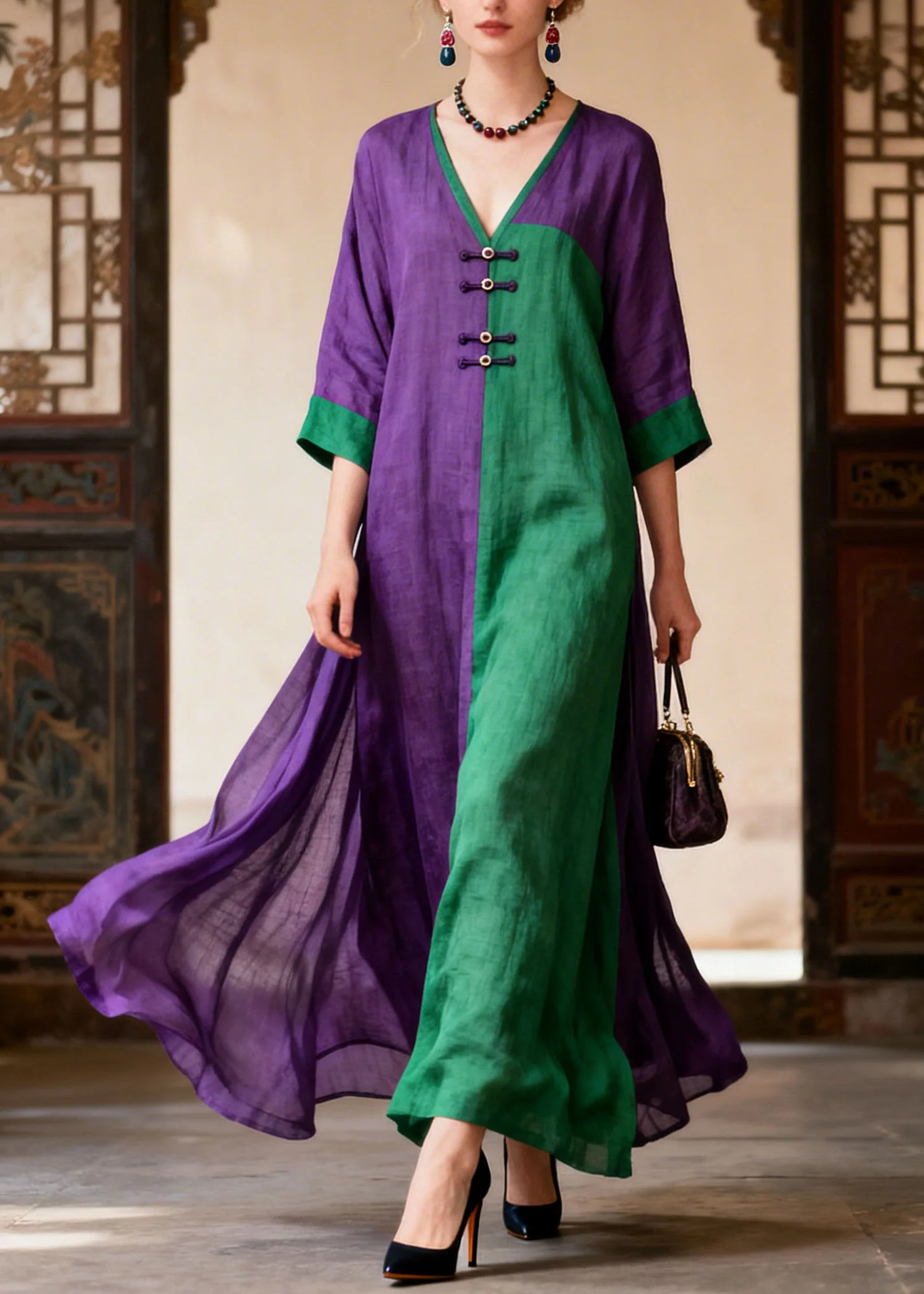 Loose Colorblock V Neck Patchwork Cotton Dresses Summer - Image 3