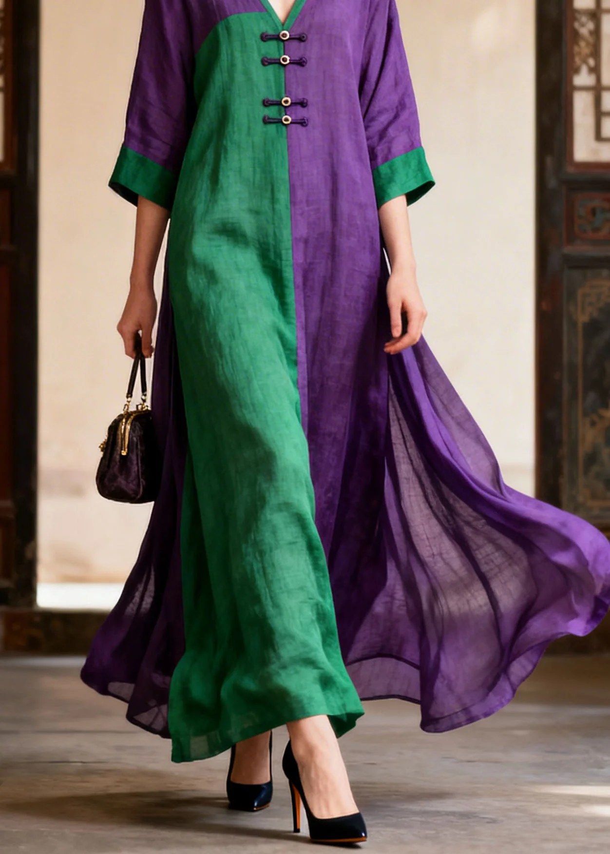 Loose Colorblock V Neck Patchwork Cotton Dresses Summer - Image 4