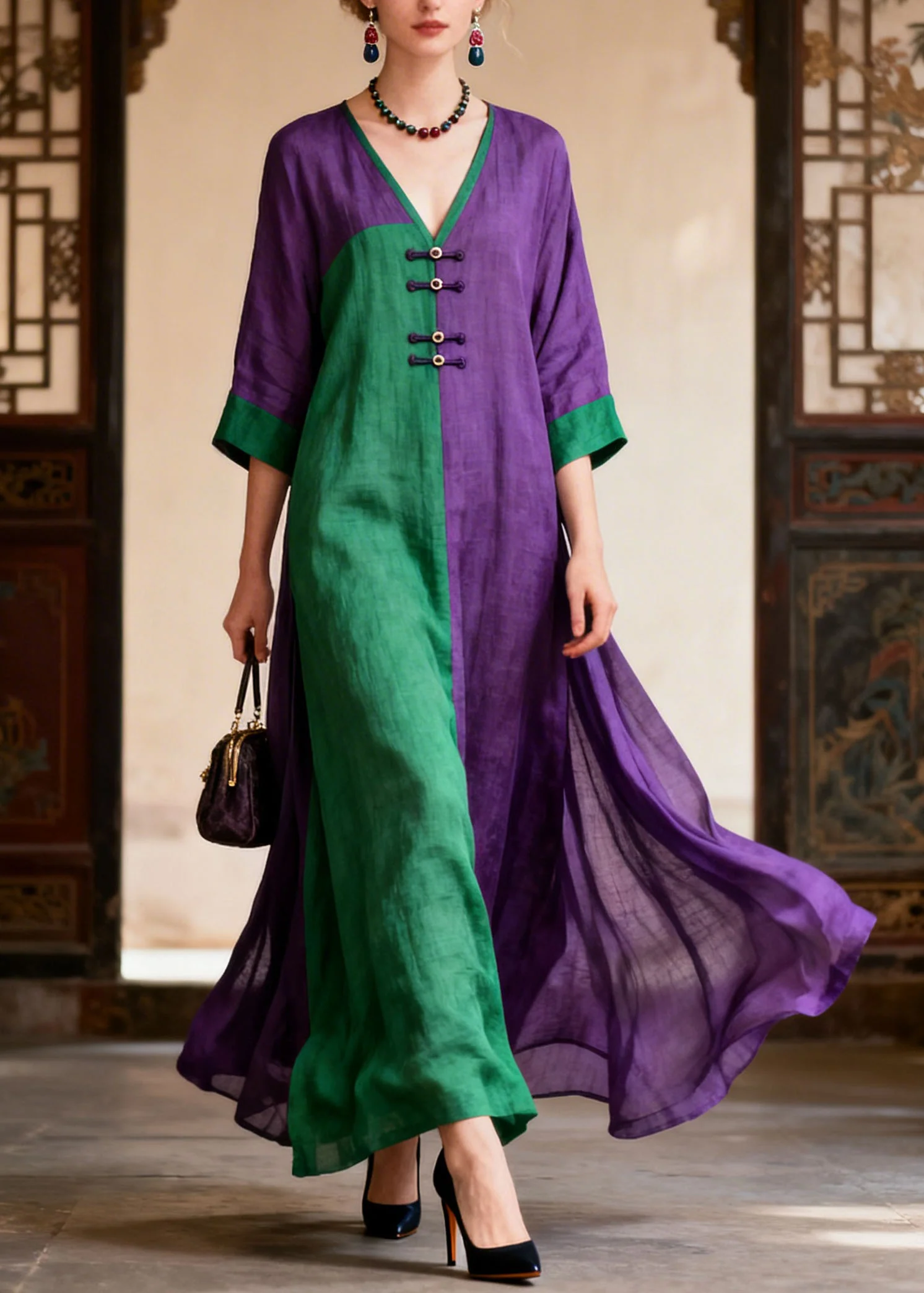 Loose Colorblock V Neck Patchwork Cotton Dresses Summer - Image 5
