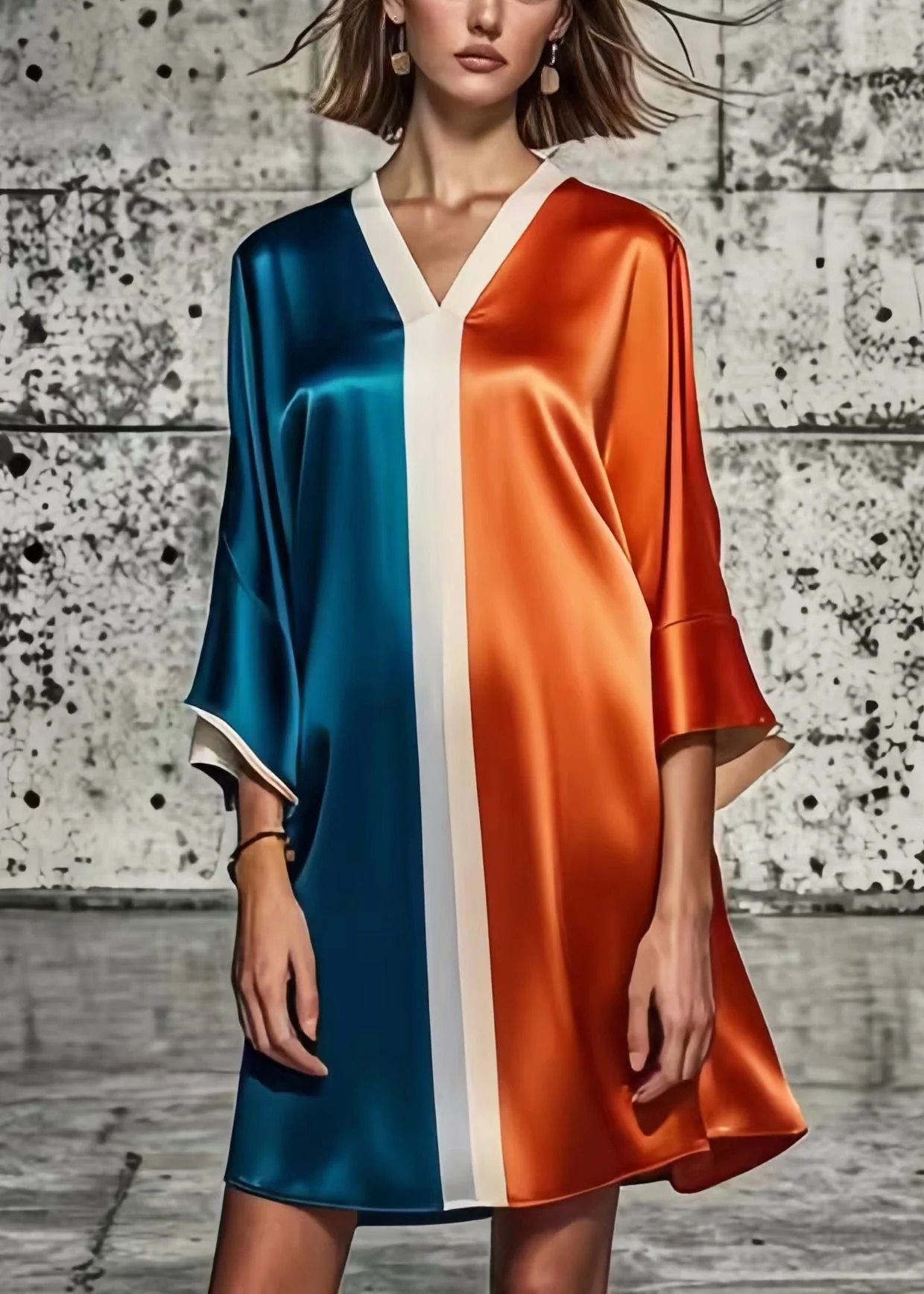 Loose Colorblock V Neck Patchwork Silk Mini Dresses Summer - Image 2