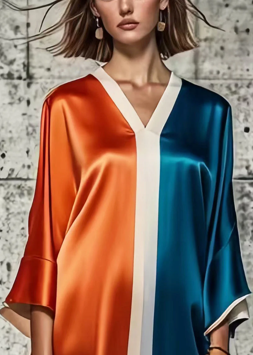 Loose Colorblock V Neck Patchwork Silk Mini Dresses Summer - Image 3