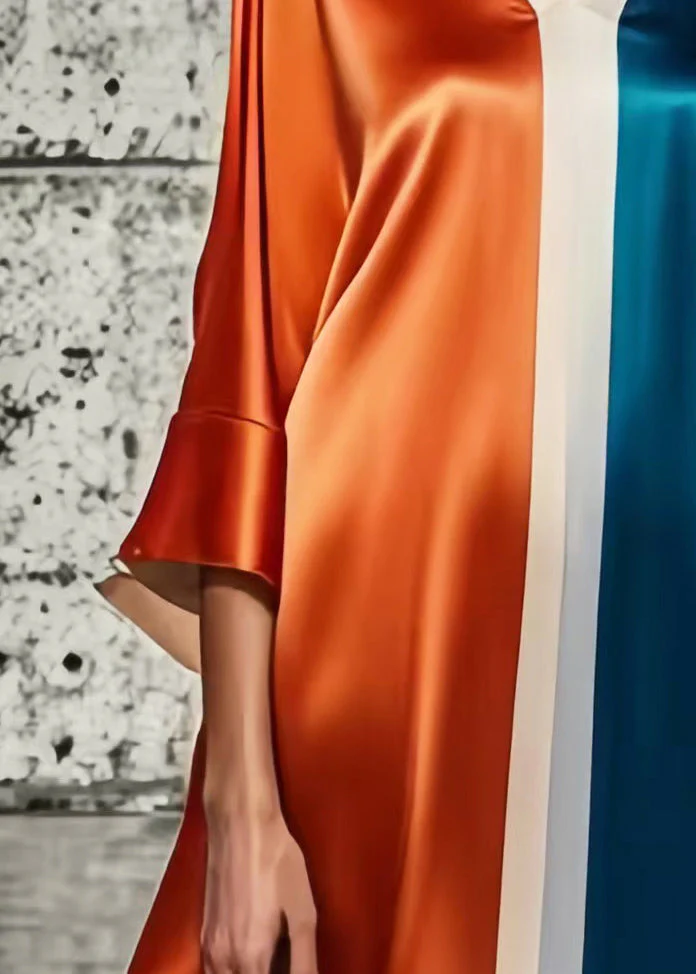 Loose Colorblock V Neck Patchwork Silk Mini Dresses Summer - Image 4